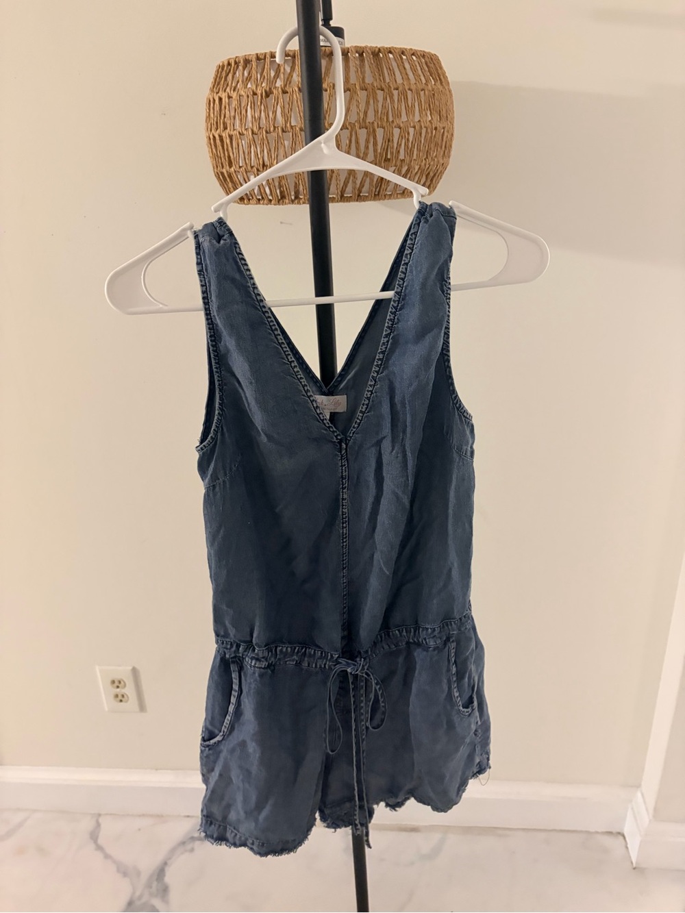 Pink Lily Denim Romper in Faded Blue